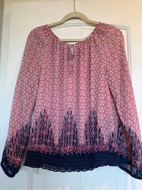 Lucky Brand Pink and Navy Printed Peasant Blouse